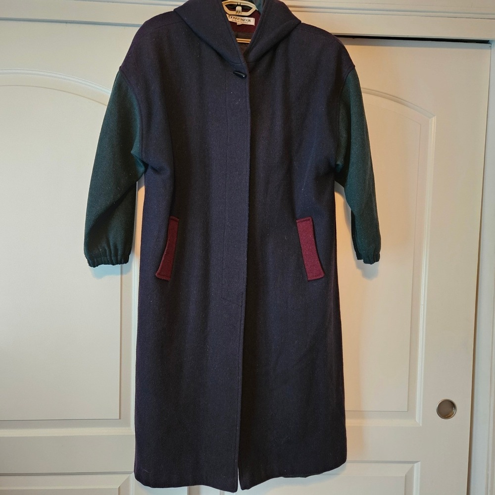 Donnybrook Long Coat Womens 22W Colorblock Wool Blend Hooded Navy Green Burgundy